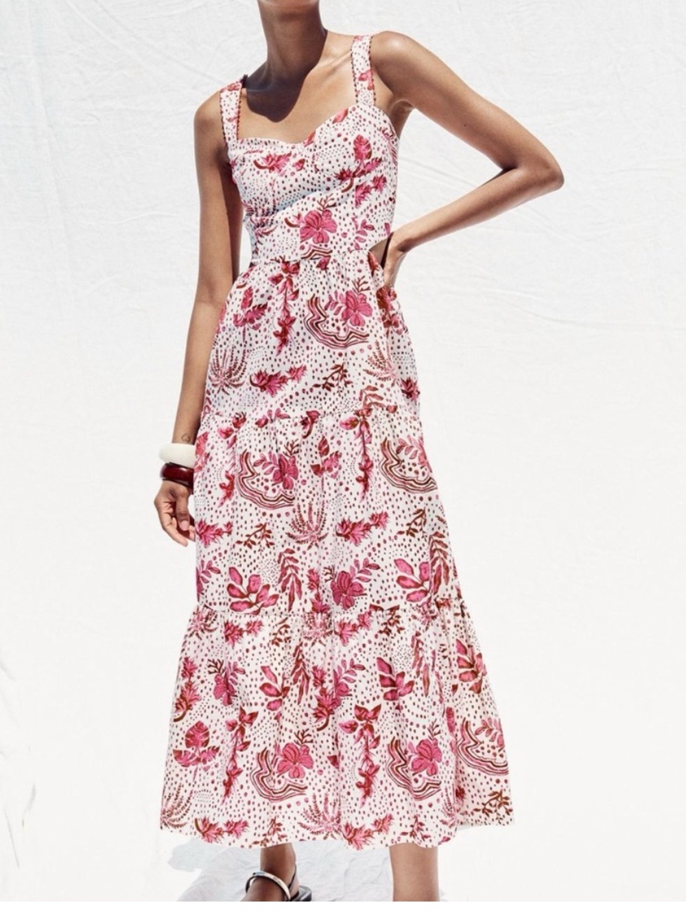 Zara Pink White Cut Out Floral Tiered Skirt Beaded Boho Cottagecore Maxi Dress M